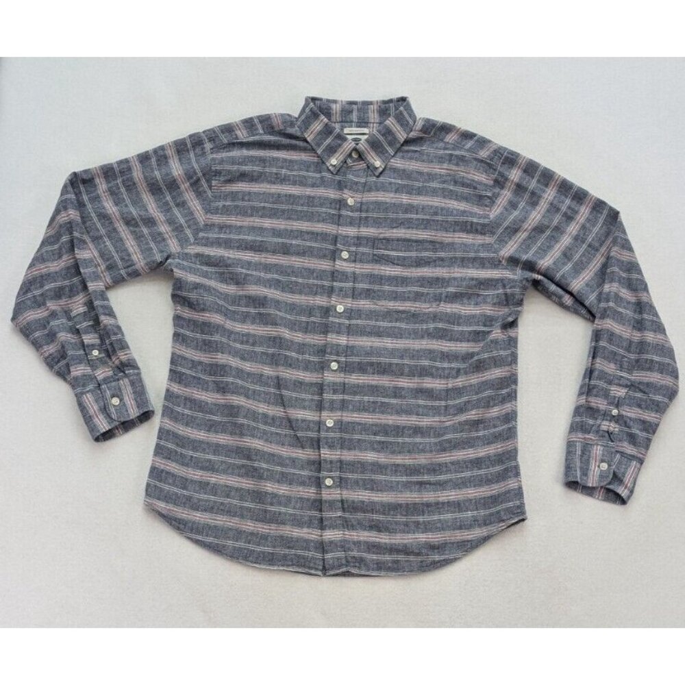 Old Navy Men's Button Up Shirt Size L Blue Striped Long Sleeve Slim Fit Linen